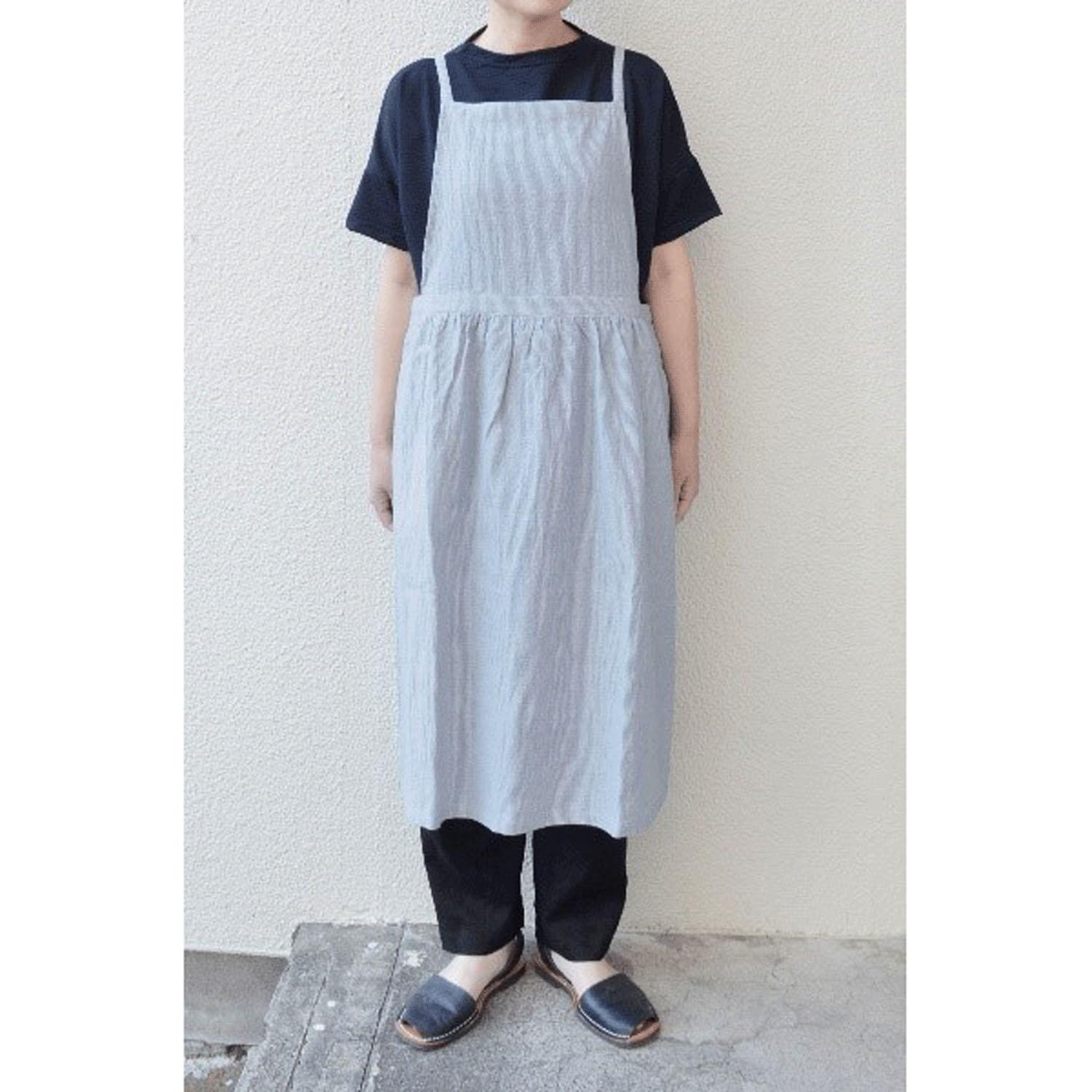 Homeworking Cotton-Linen Dungaree Gathered-Cloth Apron - Blue Stripe