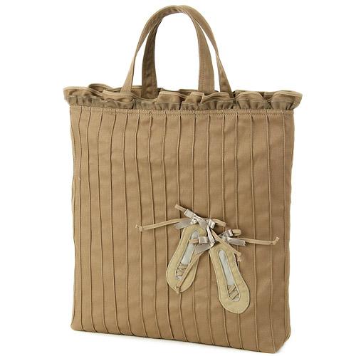 Pintuck Tote Bag with Shoe Pattern, Beige