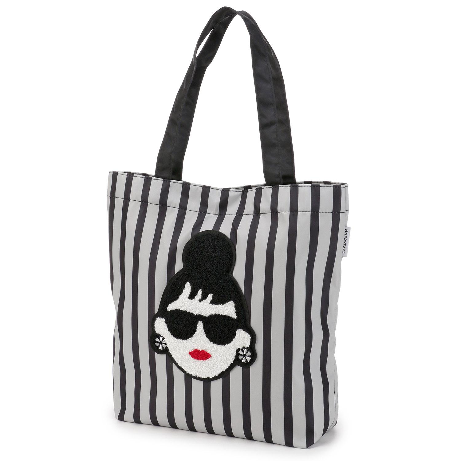 HAPPY FACE Lady Emma Face Tote Bag Black Stripe