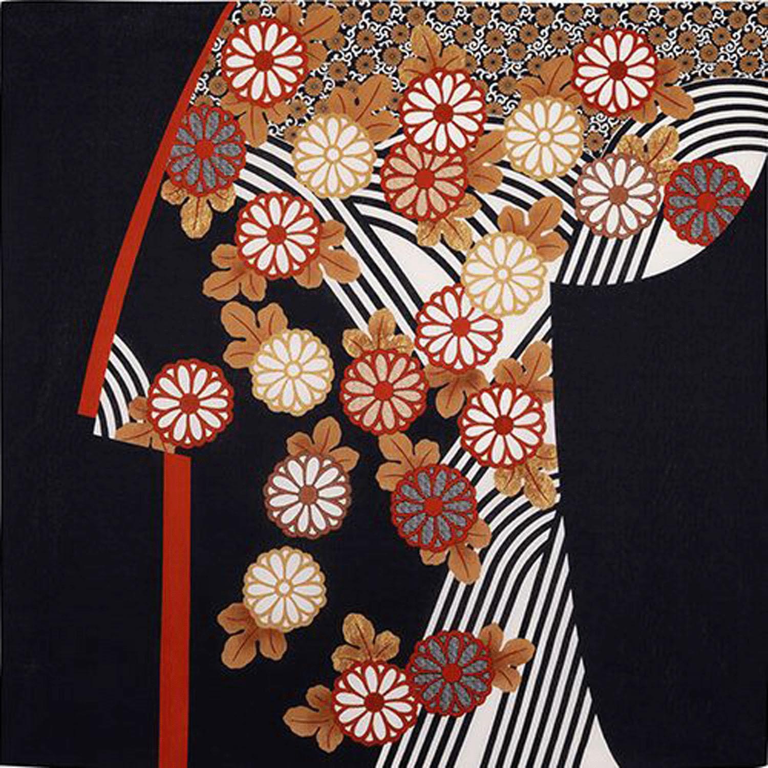 Musubi Furoshiki 120 Snow, Moon, Flowers Chrysanthemum with Flowing Water Kosode Black 120cm 100% Cotton
