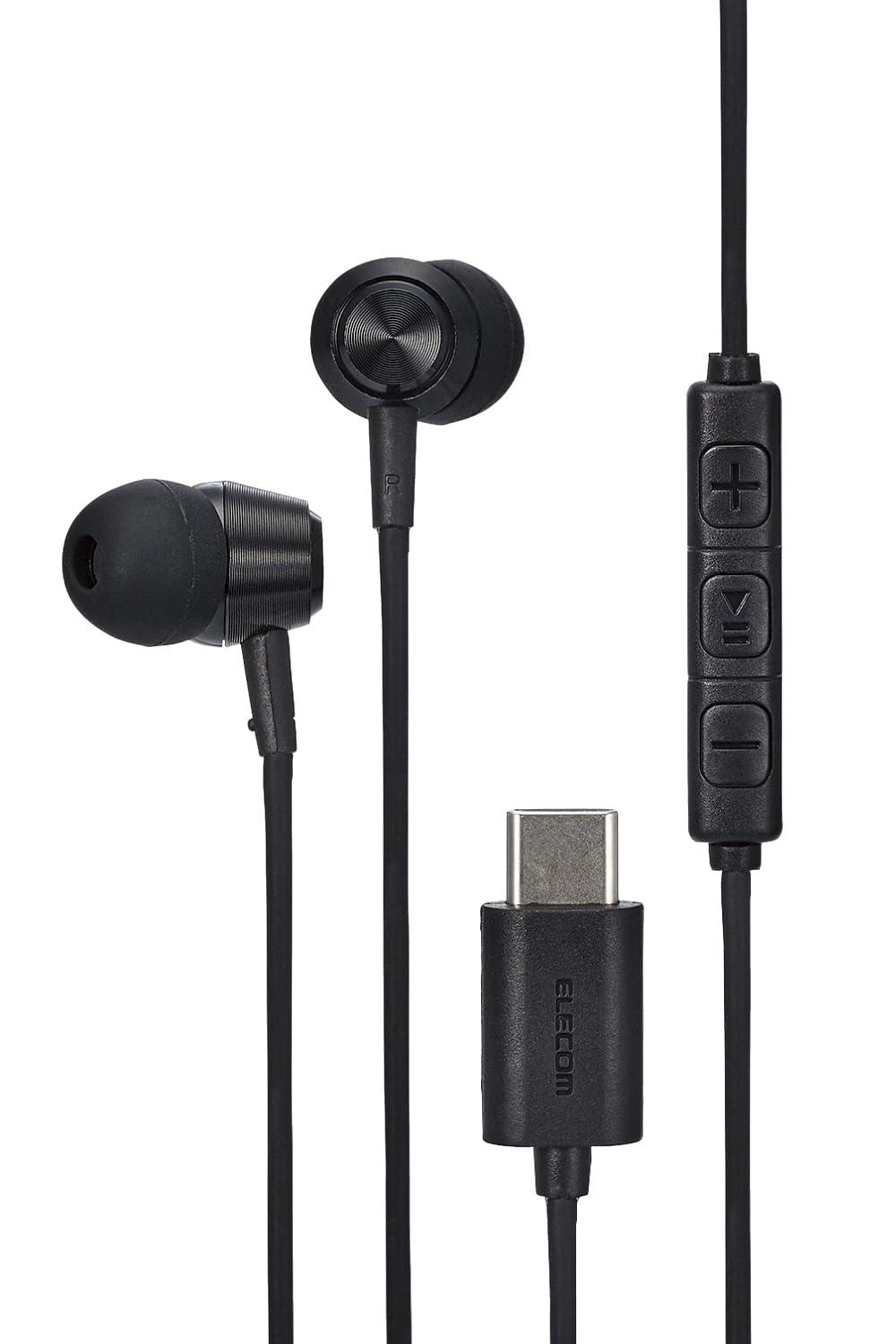 ELECOM Type-C Earphones with Microphone for iPhone 16e/16 Series/15 Type-C Canal-Type Closed-Back Wired No Audio-Video Lag with Remote Control Includes 4 Sizes of Ear Tips 1.2m Black EHP-DF11CMBK