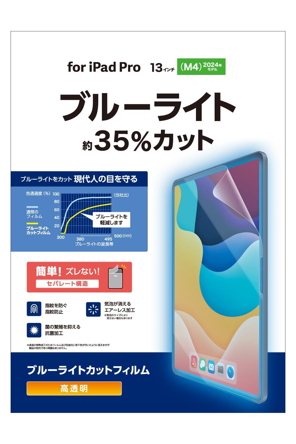ELECOM 13-inch iPad Pro (M4) Screen Protector - High Transparency, Blue Light Cut - TB-A25PLFLBLGN