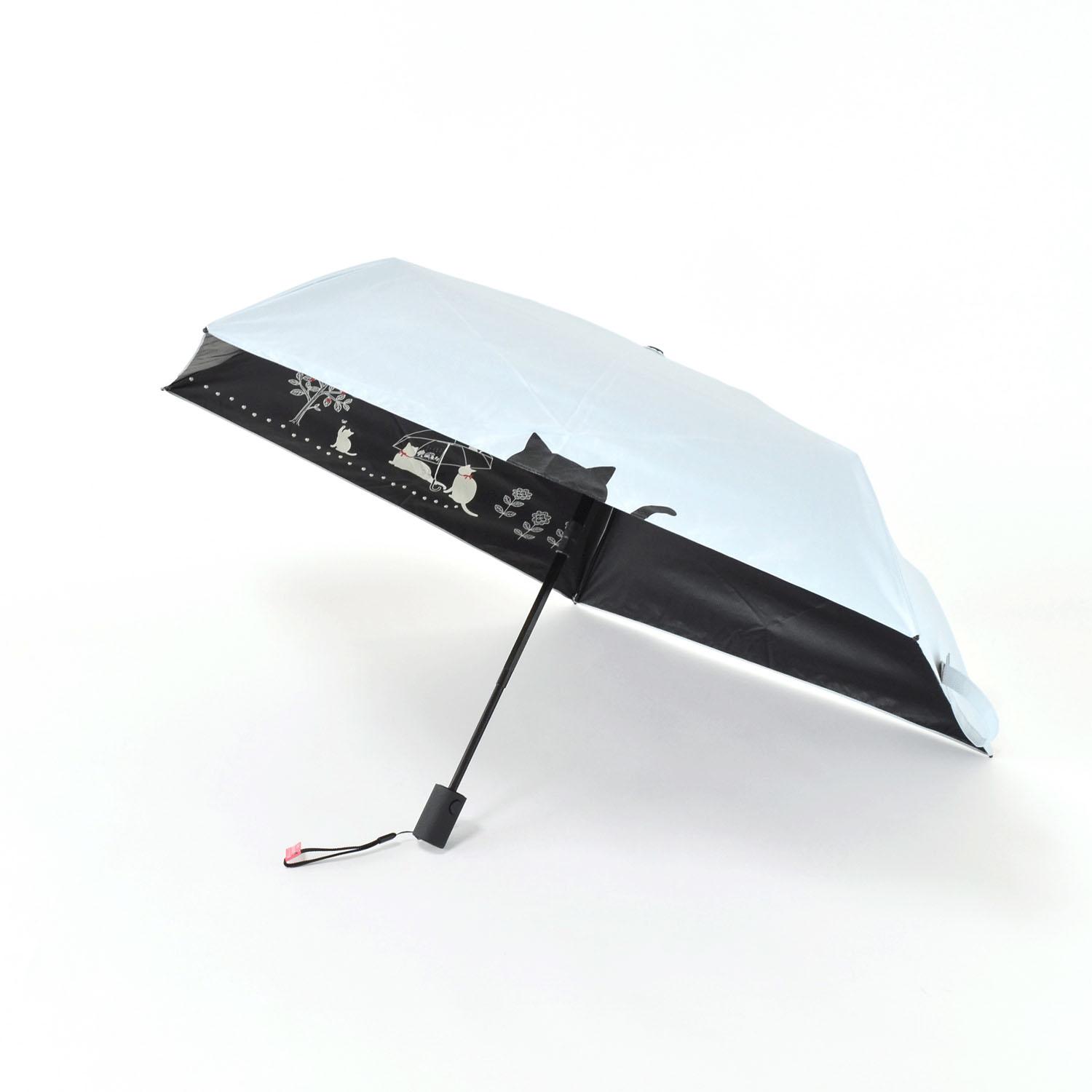 Sangoku MKN Black Coated Umbrella with UV & Heat Protection, ALL Weather Compatible, 50cm Automatic Open/Close Mini Umbrella with Cat Design, Sax S3517473