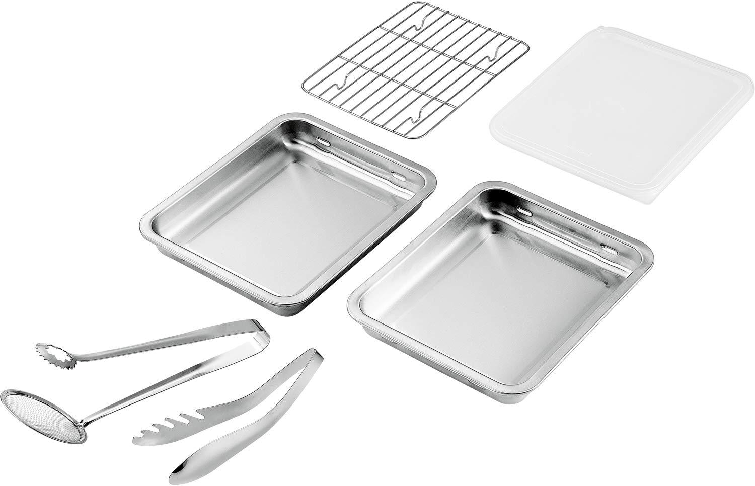 Yokoyama SUS・ga Stainless Steel Pan Set (2 pcs) with Lid, Mesh Pan, and 2 Types of Tongs 25.2×20.5cm SUS-B600