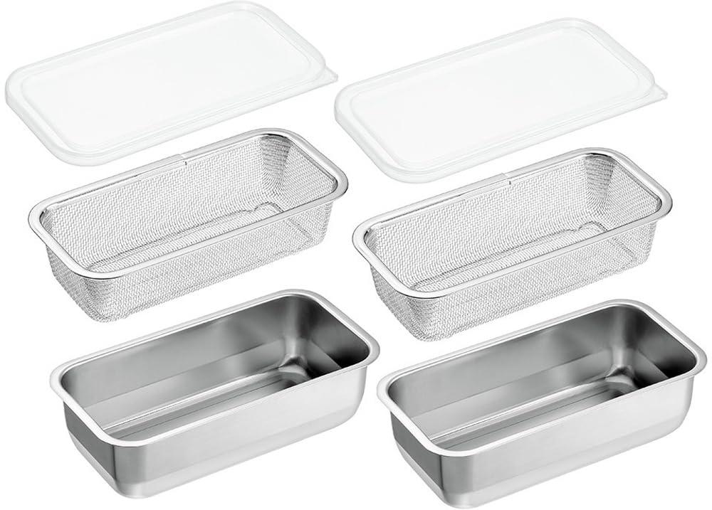 Yokoyama Yanagi-Juku Craftsmanship 1/3 Size Tray & Strainer with Lid × 2 Each Stainless Steel Tray Convenient for Storage and Prep Work YB-800