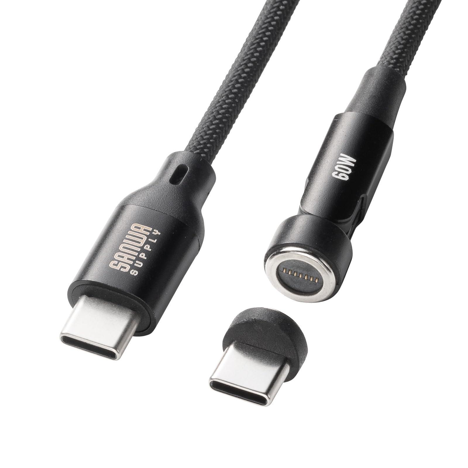 Sanwa Supply USB 2.0 Type-C Cable with Magnetic Connector, 540-Degree Rotation, PD 60W, 1m, Black KU-CCP60MG10BK