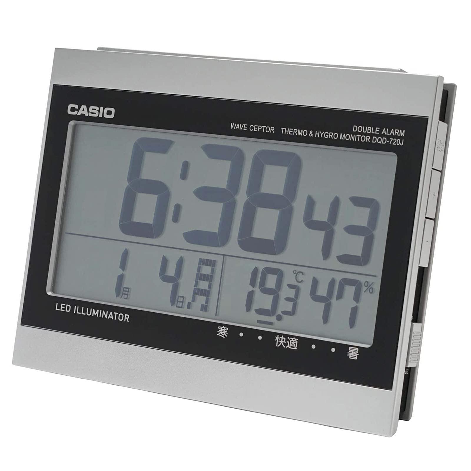 CASIO Alarm Clock, Radio-Controlled, Digital Waveceptor, Dual Alarm, Temperature, Humidity, Calendar Display, Silver/Black, 12.1×15×6.7cm, DQD-720J-8JF