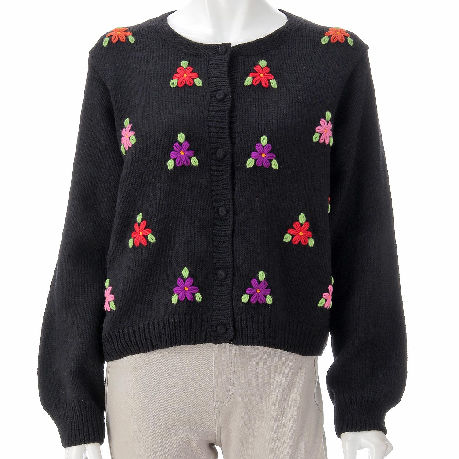 ESTELLE Floral Print Crew Neck Cardigan - Black - M