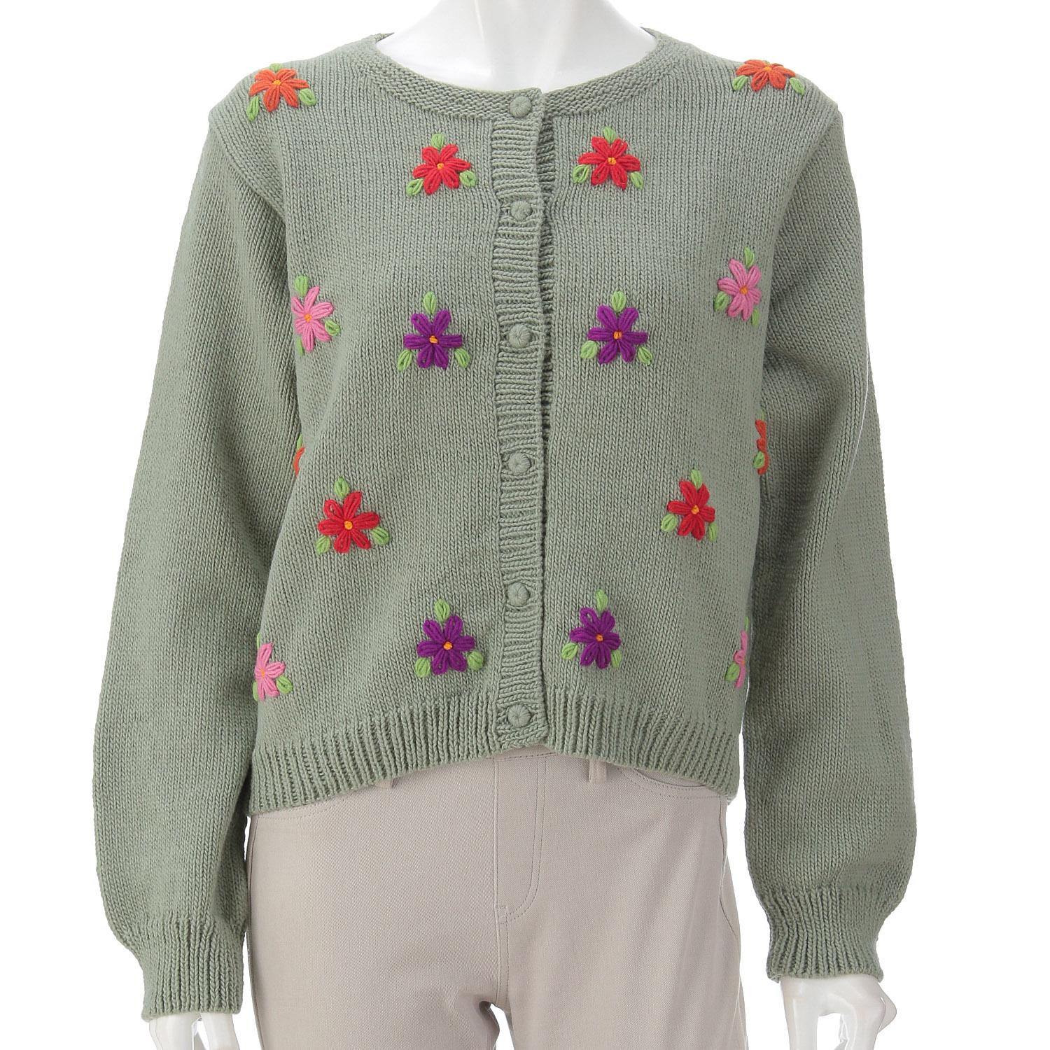 ESTELLE Floral Print Crew Neck Cardigan, Light Green, M