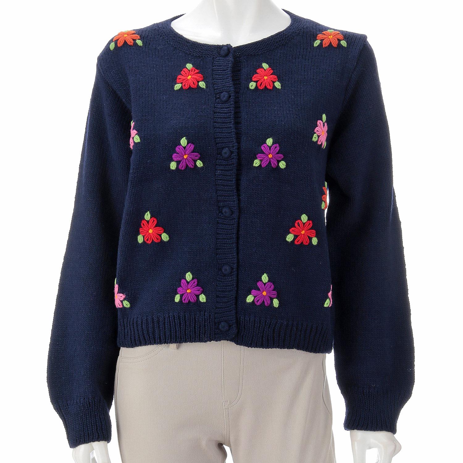 ESTELLE Floral Print Crew Neck Cardigan, Navy, M