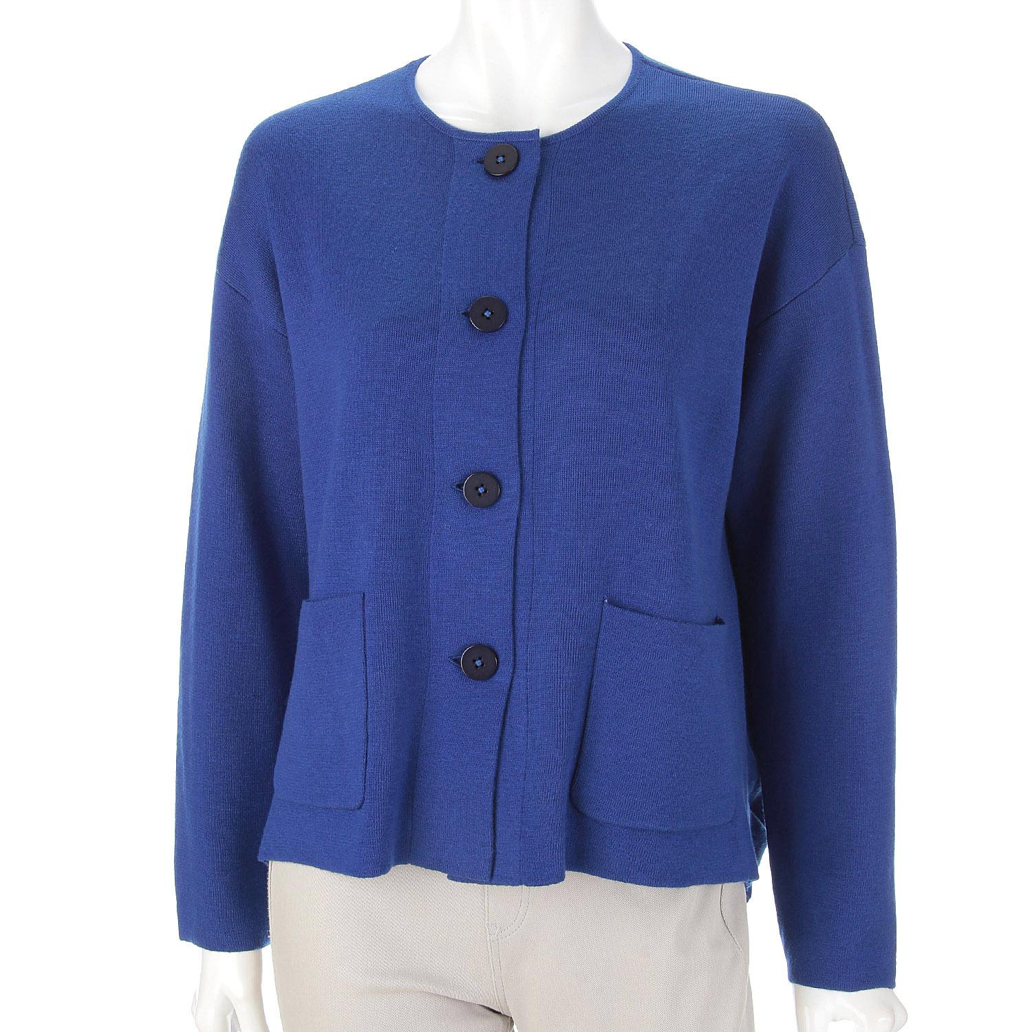 LAPIS ROUGE Reverse-Color Knit Jacket with Seamless Construction Blue 9Gou