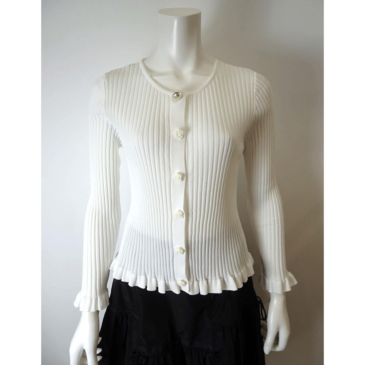 Super Beauty Hem Frill Rib-Knit Cardigan White Size 40