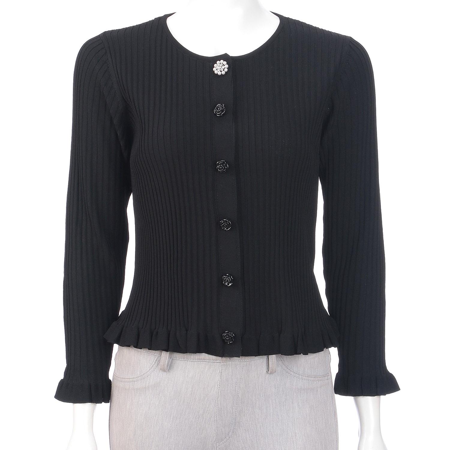 Super Beauty Hem Frill Rib-Knit Cardigan - Black - Size 42