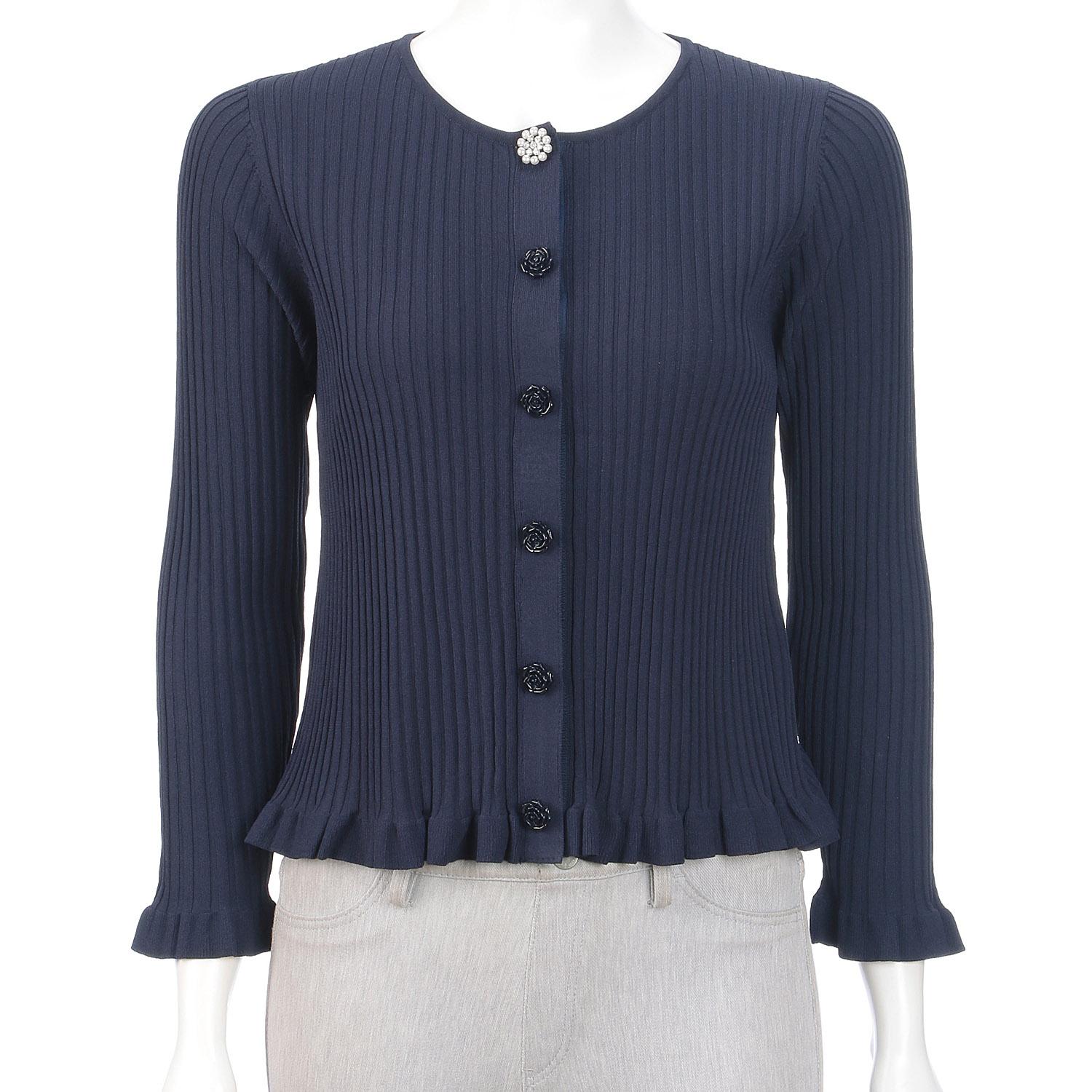 Super Beauty Ribbed Knit Cardigan with Hem Ruffle, Navy, Size 44