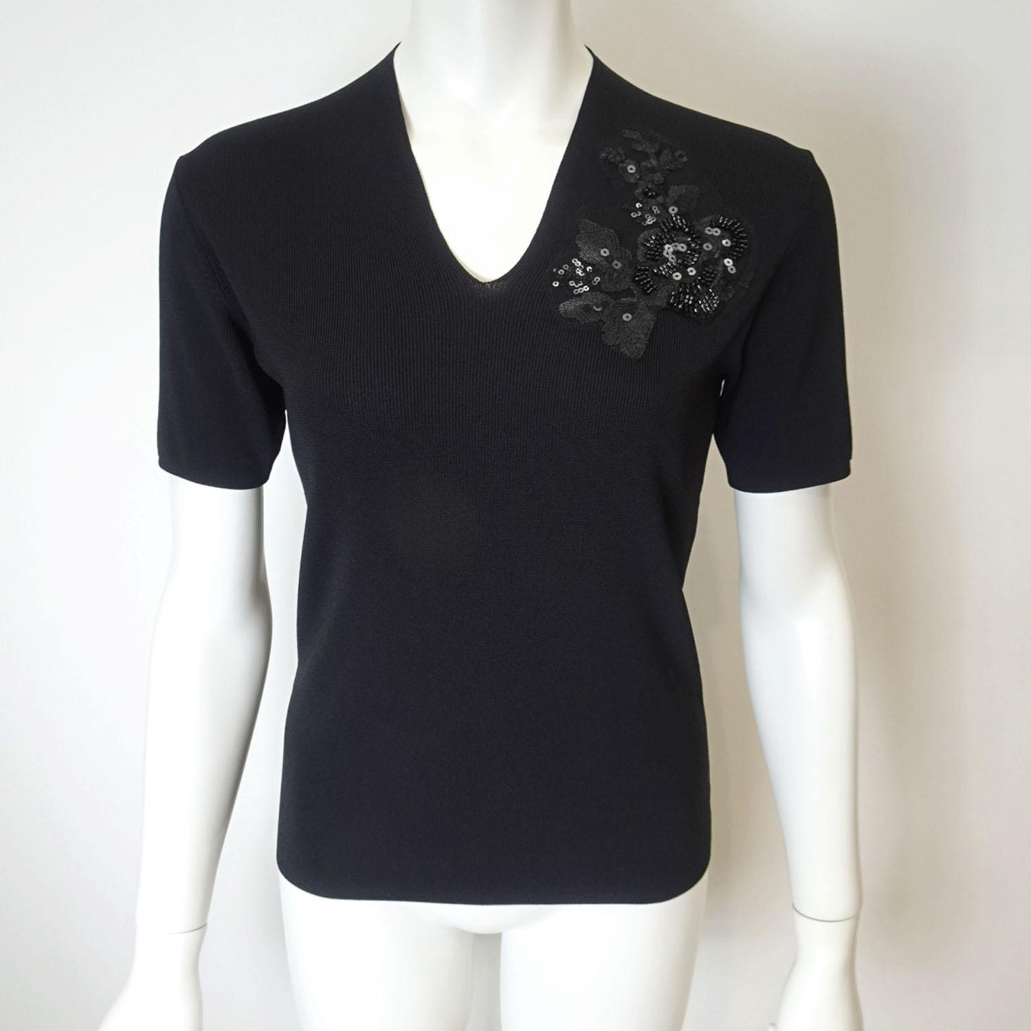 Super Beauty Sequin-Embroidered V-Neck Short-Sleeve Sweater
