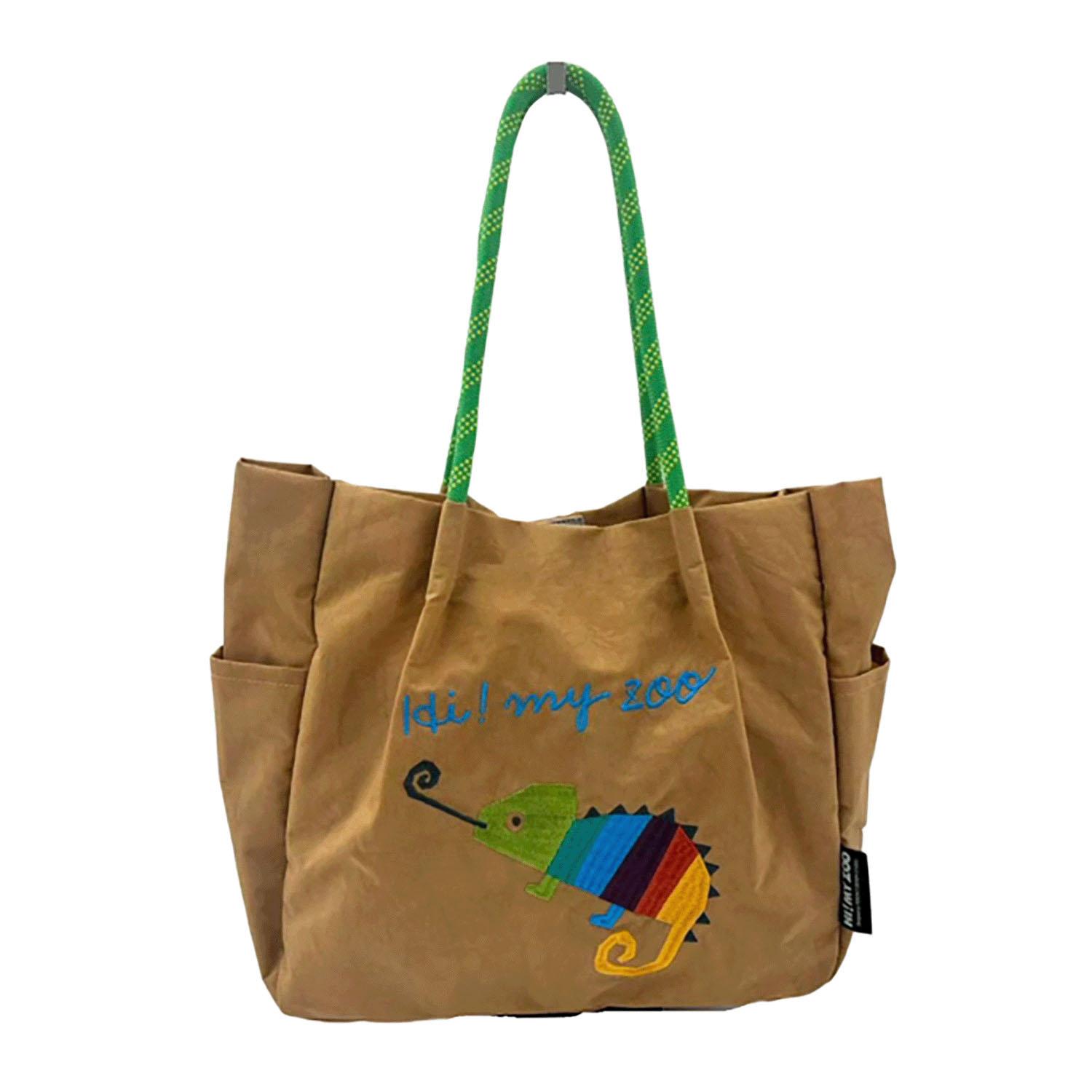 HI! MY ZOO Animal Embroidered Rope Handle Tote Bag - Chameleon Beige