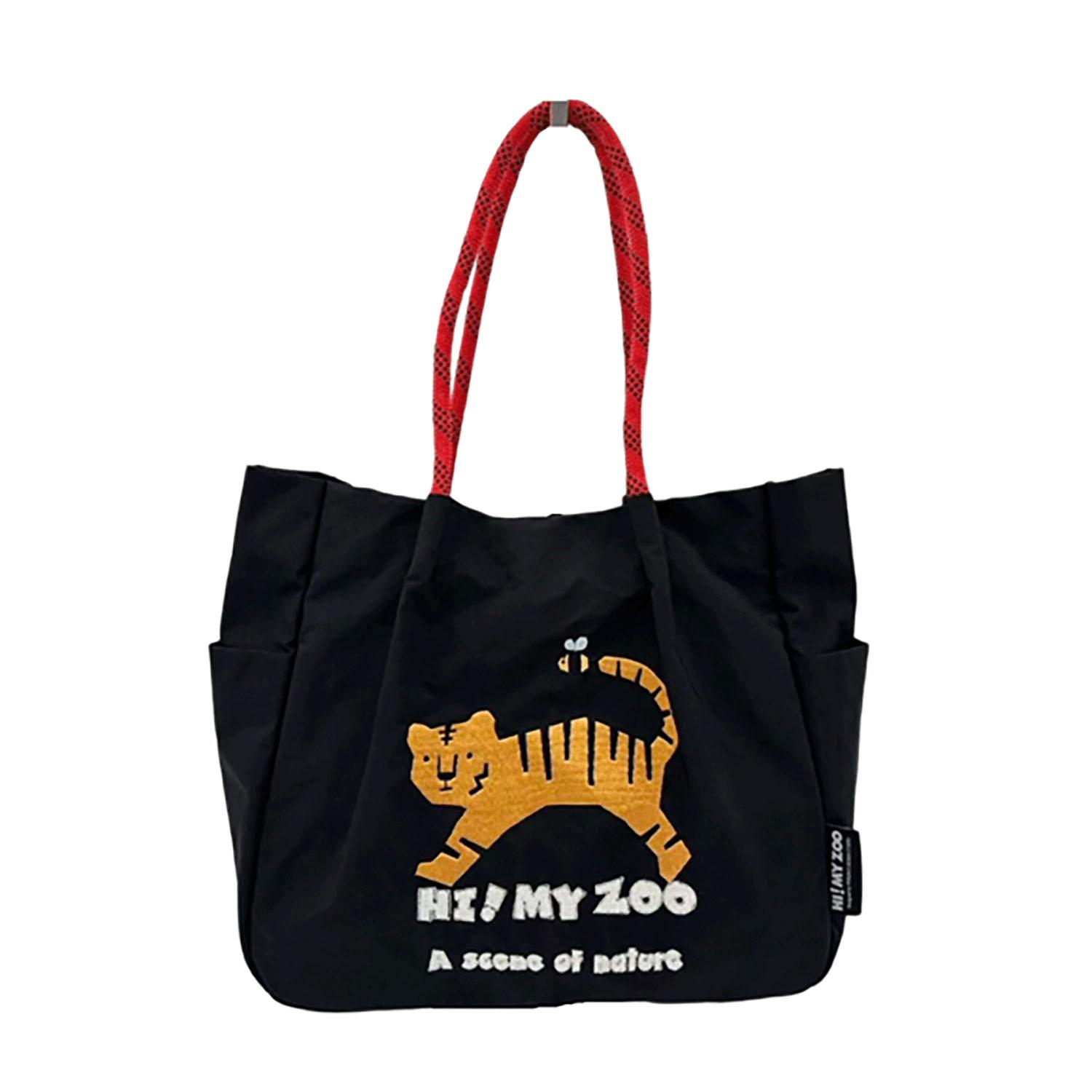 HI! MY ZOO Animal Embroidered Rope Handle Tote Bag - Honeybee & Tiger, Black