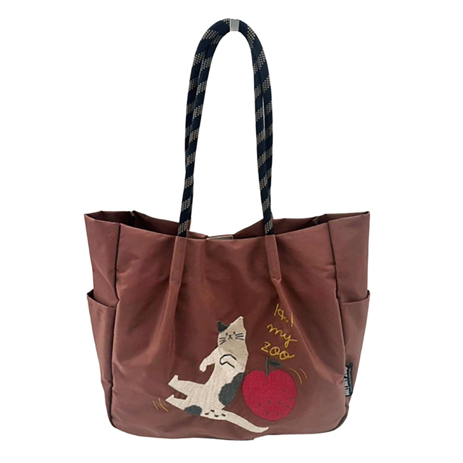 HI! MY ZOO Animal Embroidered Rope Handle Tote Bag - Cat Apple Brown