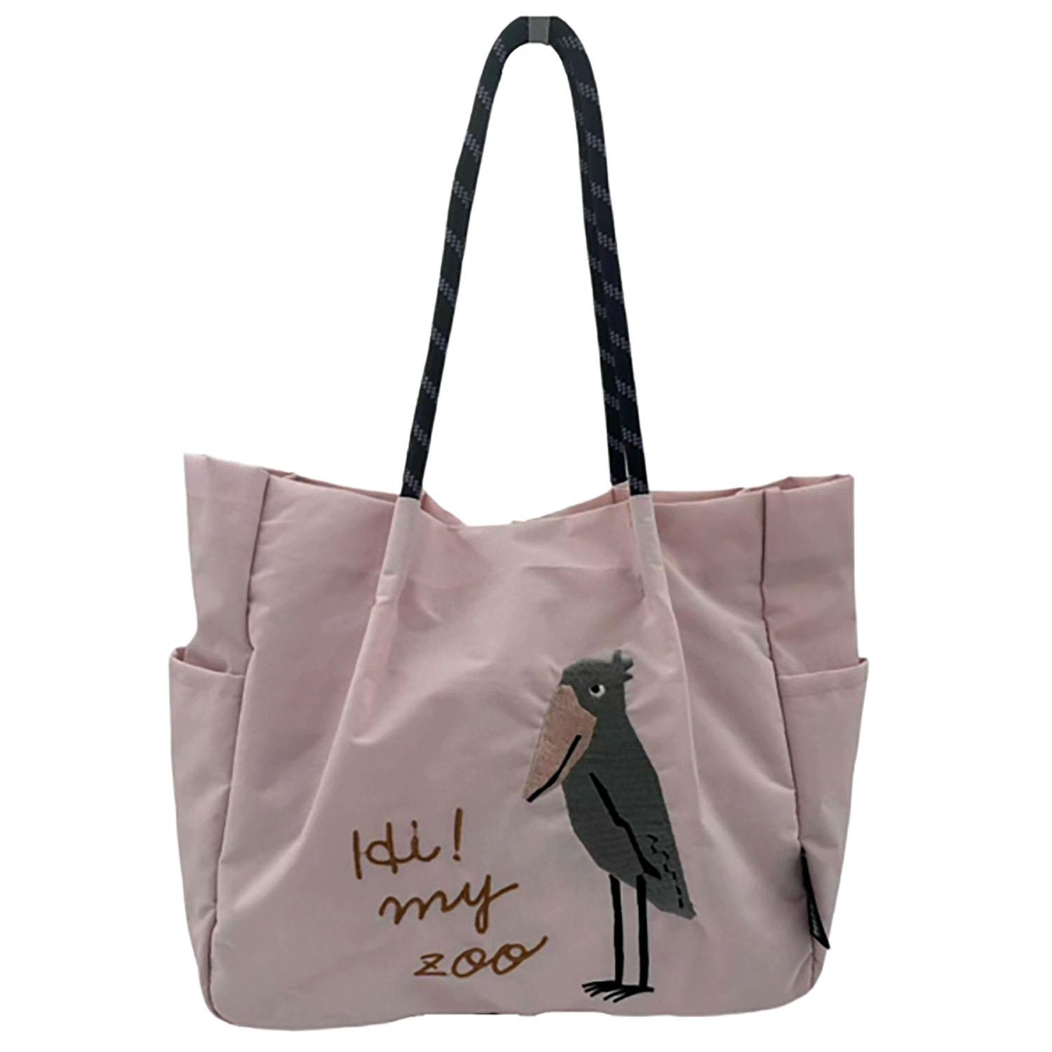 HI! MY ZOO Animal Embroidered Rope Handle Tote Bag - Hornbill, Light Pink