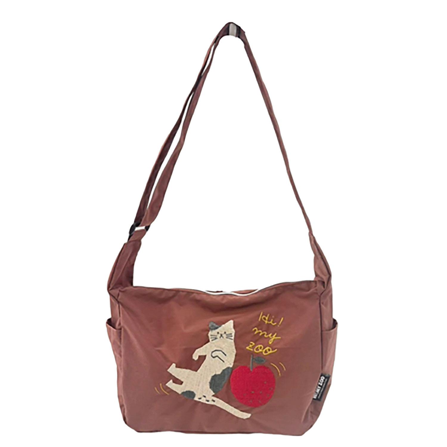 HI! MY ZOO Animal Embroidered Shoulder Bag - Cat Apple Brown