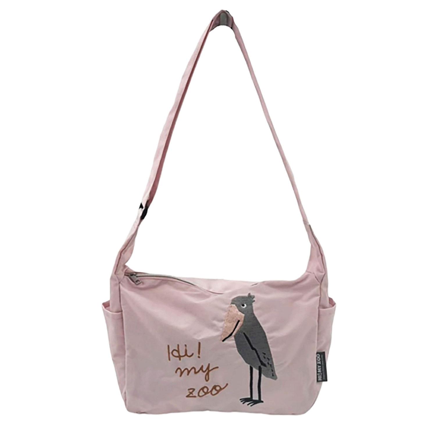 HI! MY ZOO Animal Embroidered Shoulder Bag: Hornbill, Light Pink