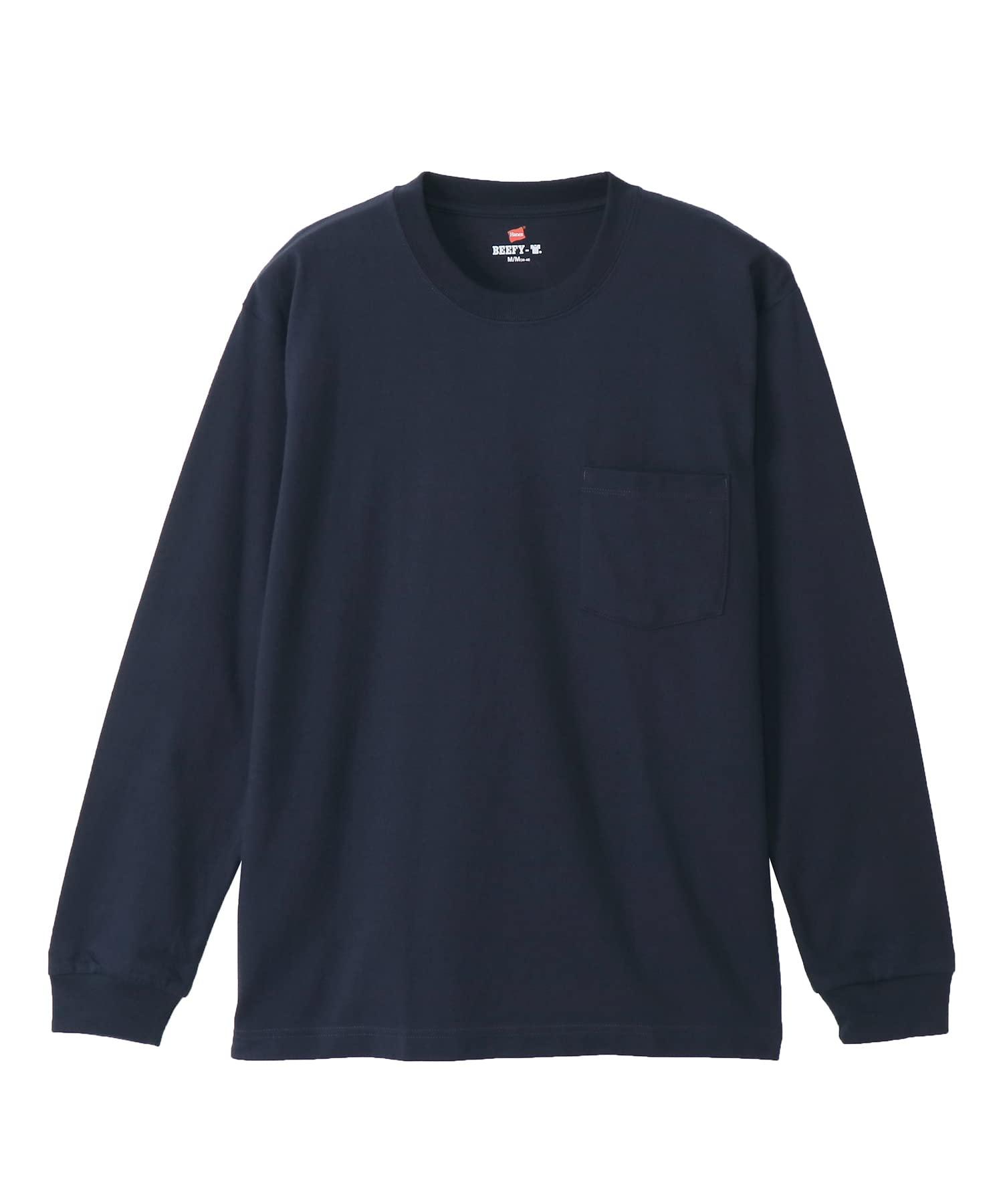 [Hanes] T-Shirt Long Sleeve Crew Neck 100% Cotton Tubular Construction Tagless Beefy Long Sleeve Pocket T Beefy H5196 Men's Navy S