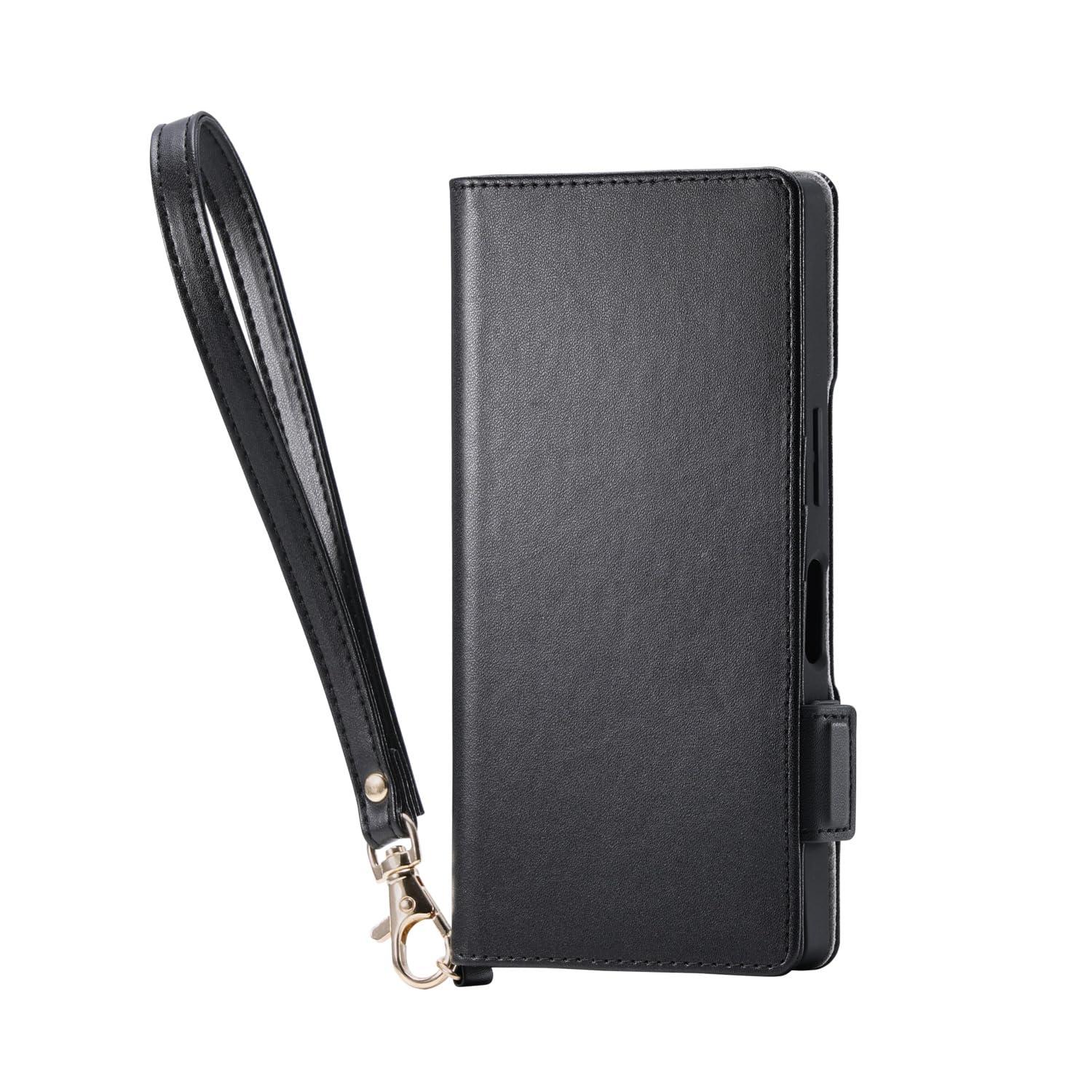 ELECOM AQUOS R10 Soft Leather Case with Magnet, Shock-Resistant, Hand Strap Included, Black PM-S252PLFY4BK