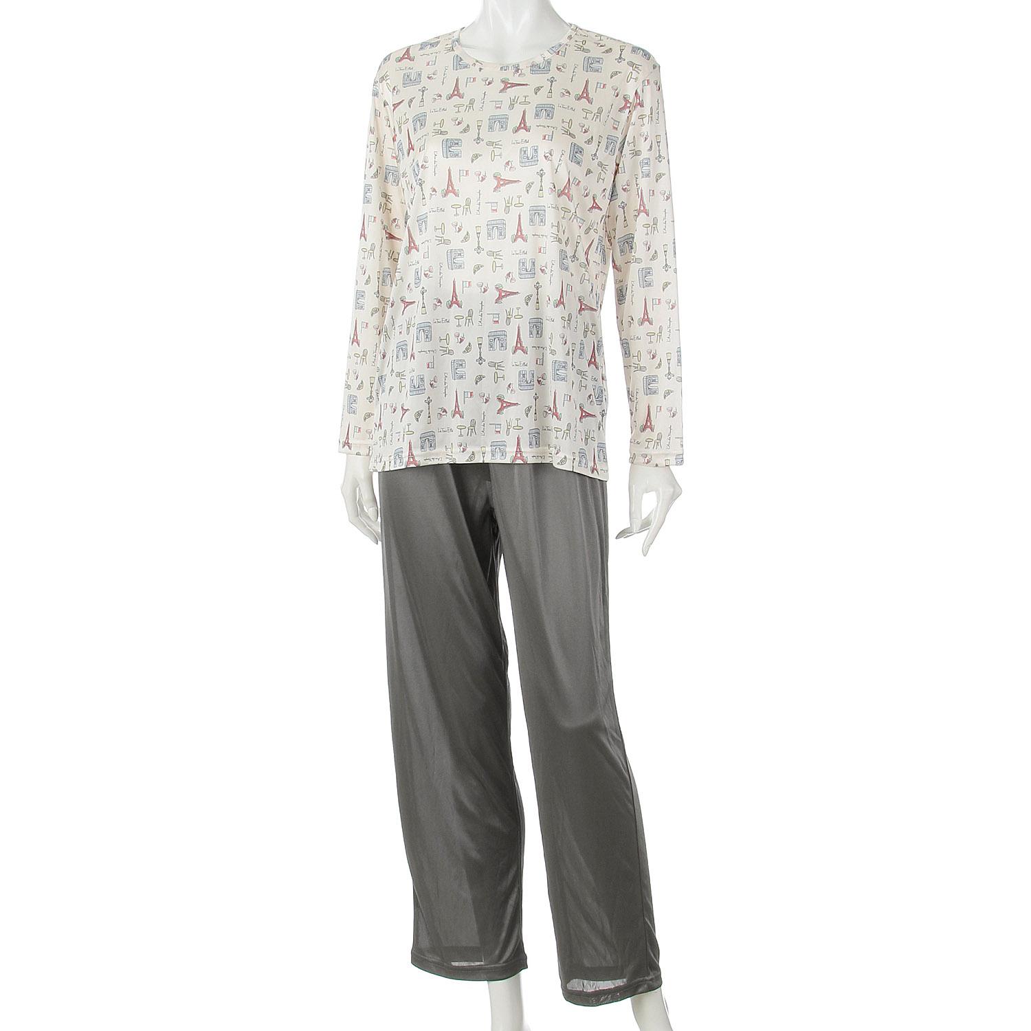 Joyeux Nuit Pajama Set with Pouch, Paris Pattern Top, Solid-Color Pants