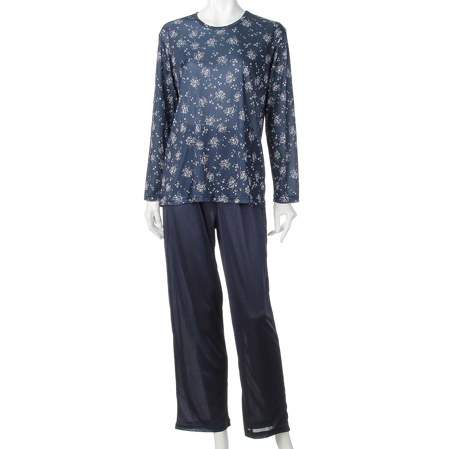 Joyeux Nuit Pajama Set with Pouch, Solid Floral Print Pants, Navy Blue, S