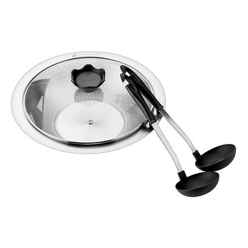 Yokoyama Tsubame Juku Technique 26cm Skillet with Glass Lid, Ladle, and Slotted Ladle A skillet with hammered sides combining strength and beauty, adding luxury to your table YS-800