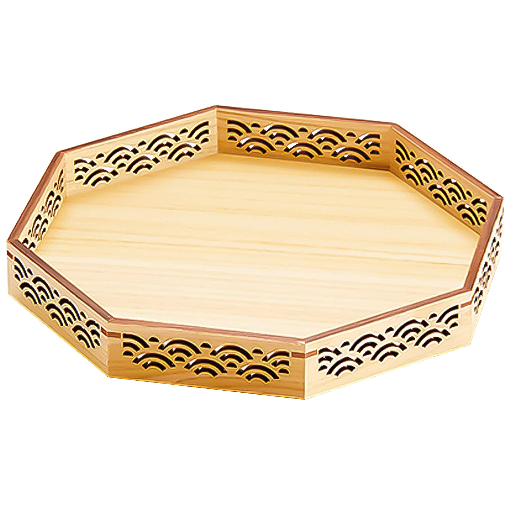 Yamaco Yumi Professional Use Hinoki Wooden Octagonal Tray with Blue Wave Design yamaco28018