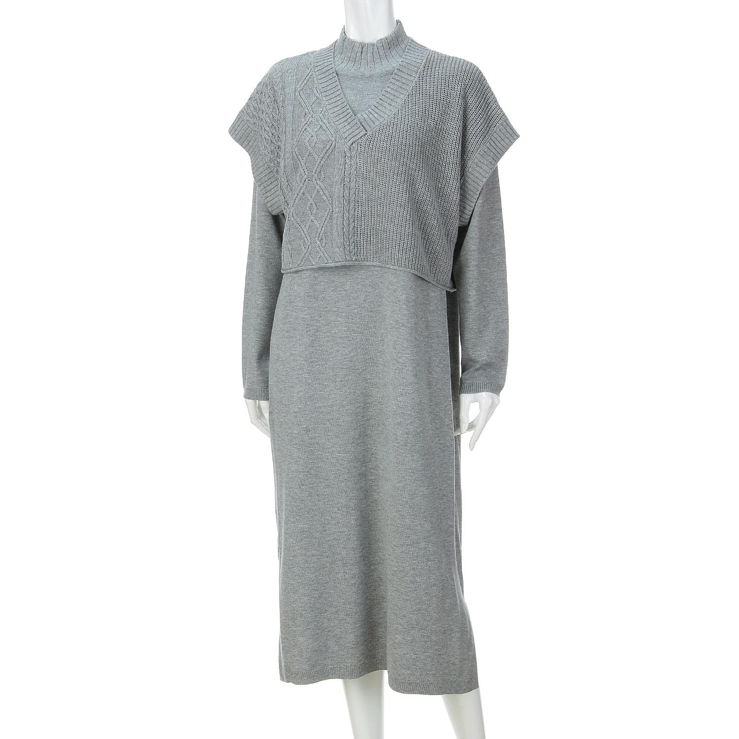 Tenzoku One-Piece Cable-Knit Vest Set Light Gray F (Free Size)