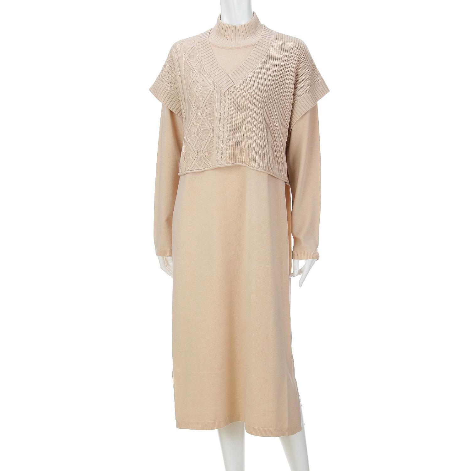 Tenzoku One-Piece Cable-Knit Vest Set - Beige - F (Free Size)