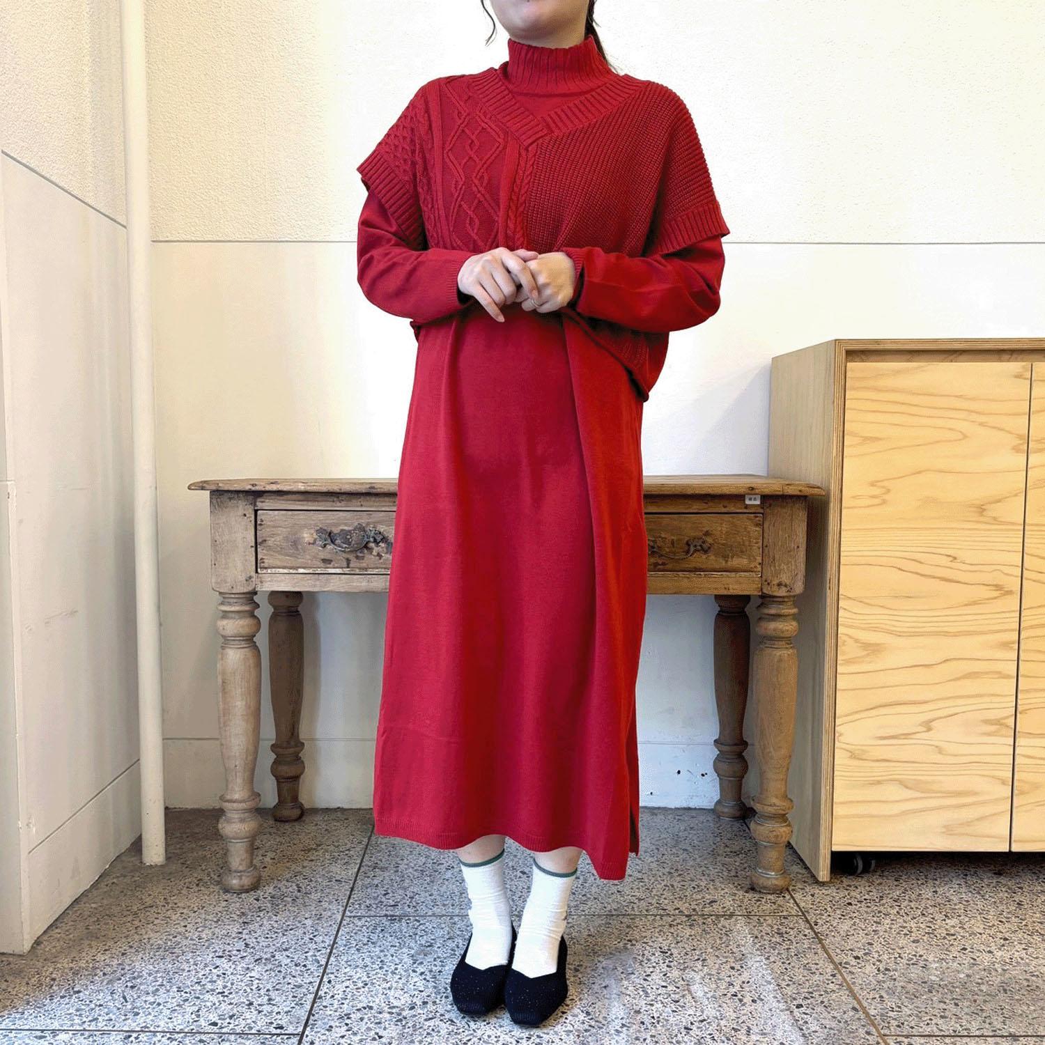 Tenzoku One-Piece Cable-Knit Vest Set - Red - F (Free Size)