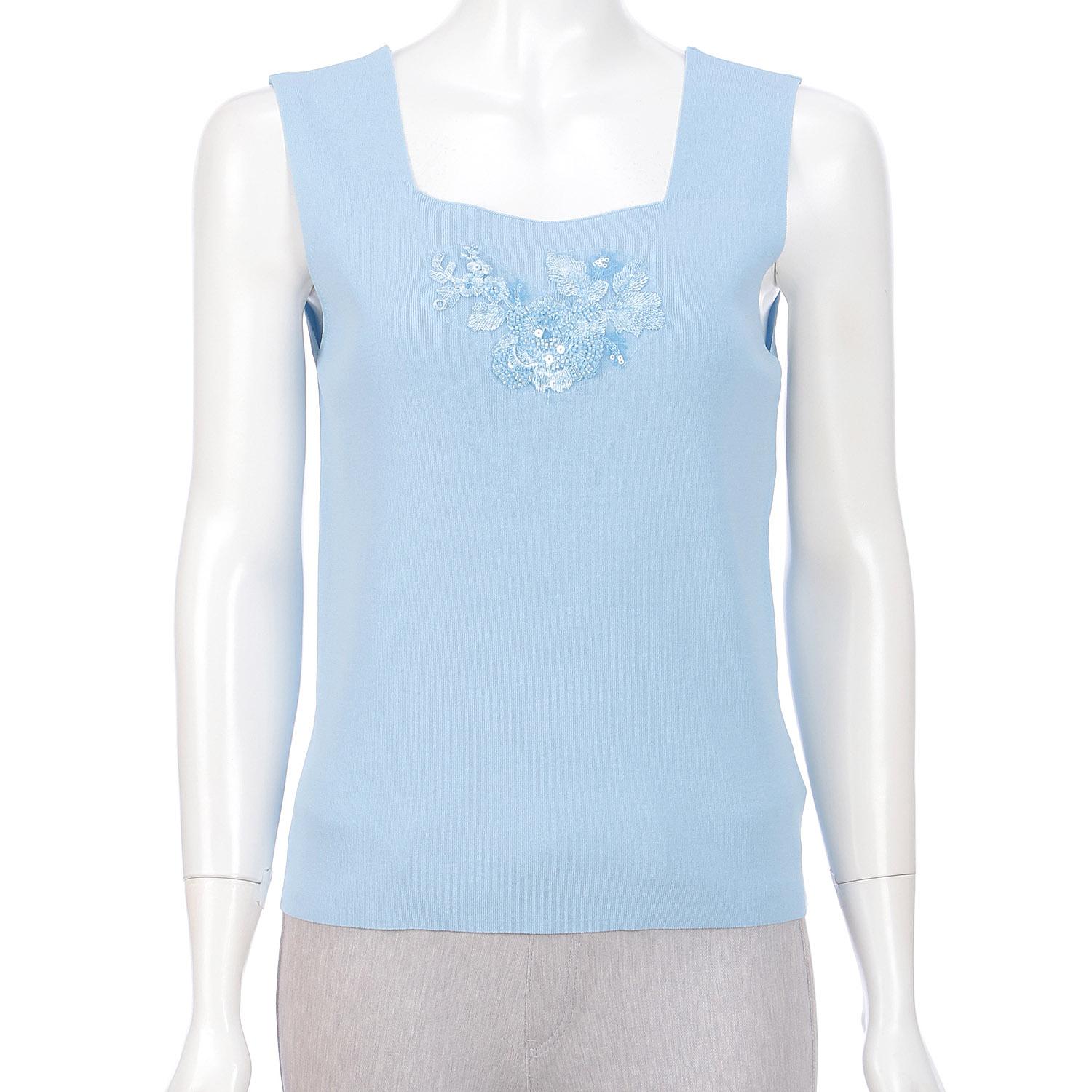 Super Beauty Sequin-Embroidered Sleeveless Knit Top - Blue - Size 44