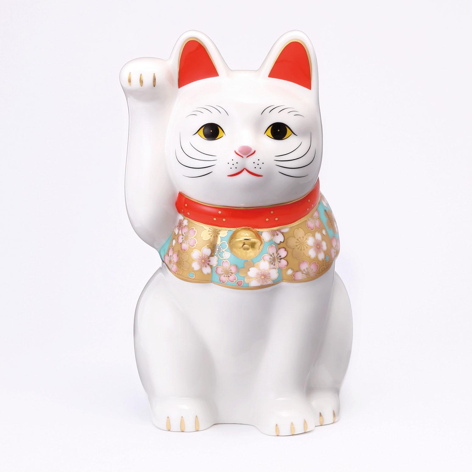 Yakushi Kiln Cherry Blossom Maneki-neko Large 01 White