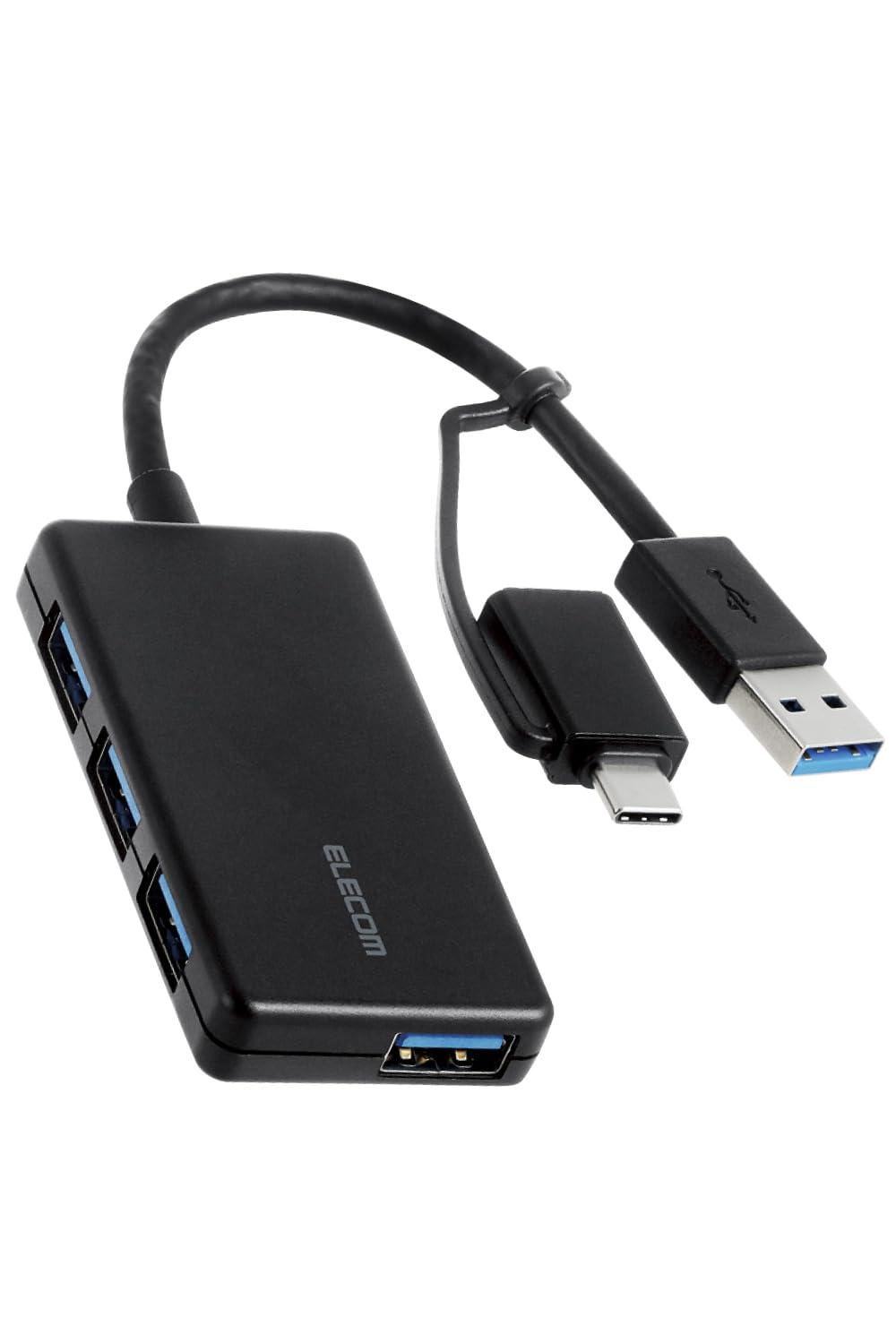 ELECOM USB Hub USBHUB 5Gbps with Type-C Adapter Compact 4-Port Black U3H-CA4004BBK