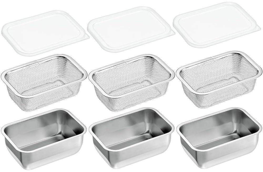Yokoyama Tsubame Juku Craftsmanship 1/4 Size Tray & Strainer with Lid × 3 Each Convenient Stainless Steel Tray for Storage and Prep Work YB-1001