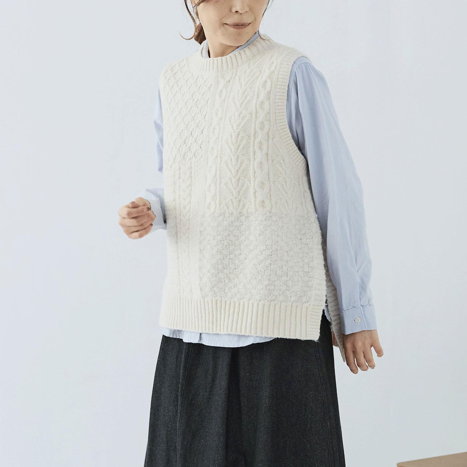 cloudnine Nonno 4-Pattern Mixed-Material Patchwork Knit Vest Ivory F (Free Size)