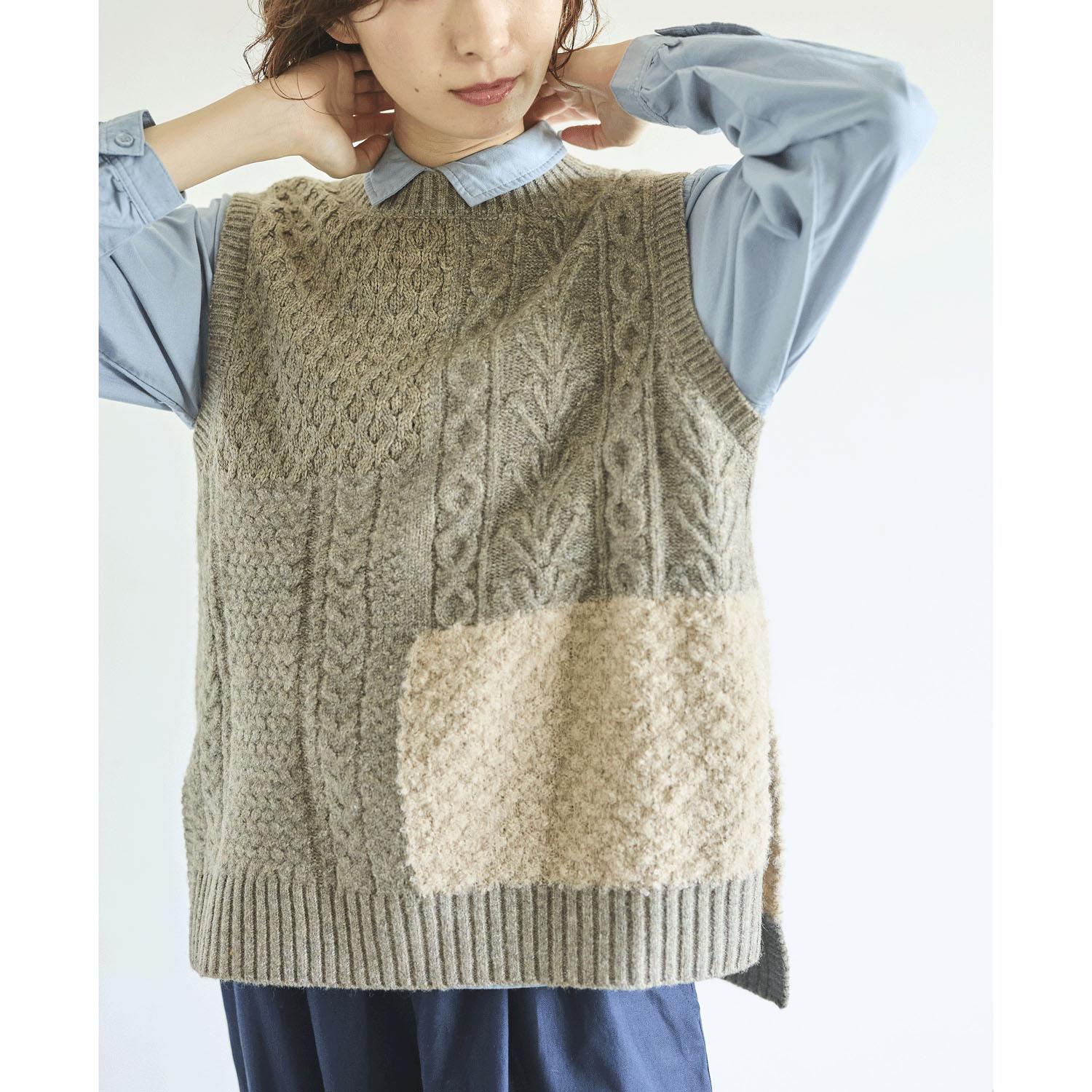 cloudnine Nonno 4-Pattern Mixed-Material Patchwork Knit Vest Mocha Beige F (Free Size)