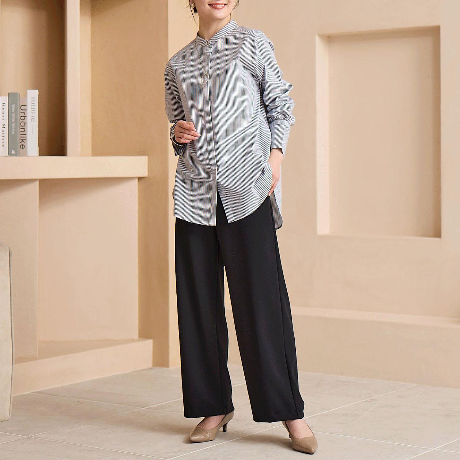 TAKUMIBA Georgette Knit Wide-Leg Pants with Front Pockets - Black - LL (2L)
