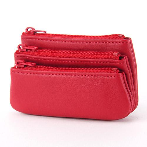 Cowhide Leather 3-Compartment Coin Purse Solid Color: Red