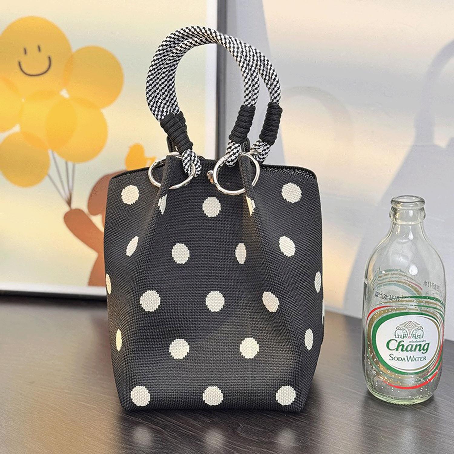 Patterned Rope Handle Knit Bag - Dot/Black