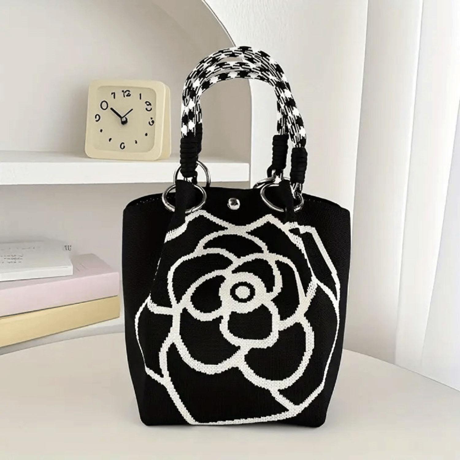 Patterned Rope Handle Knit Bag - Black Camellia