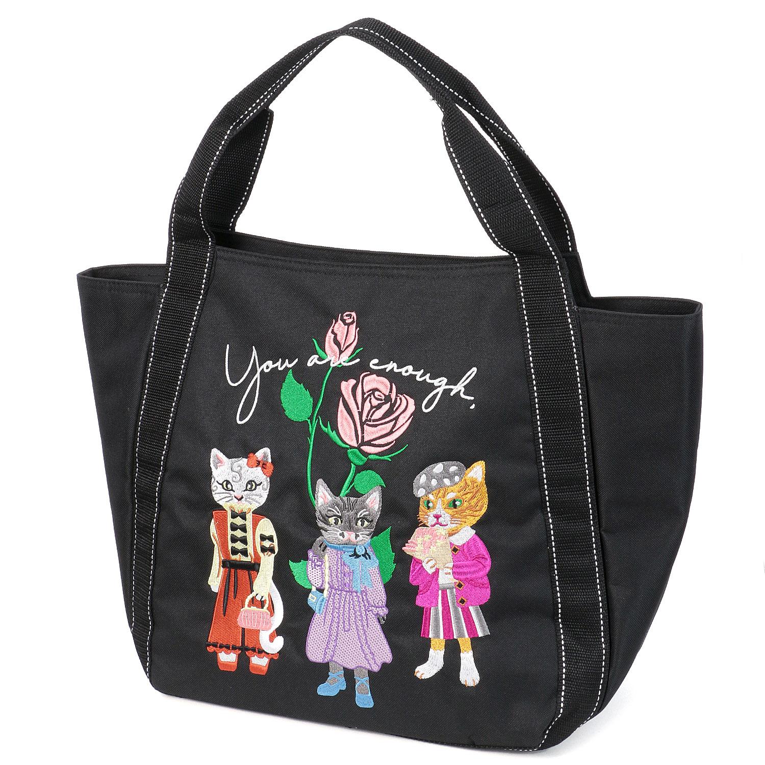 Cat Embroidered Insulated Balloon Tote Bag - Black