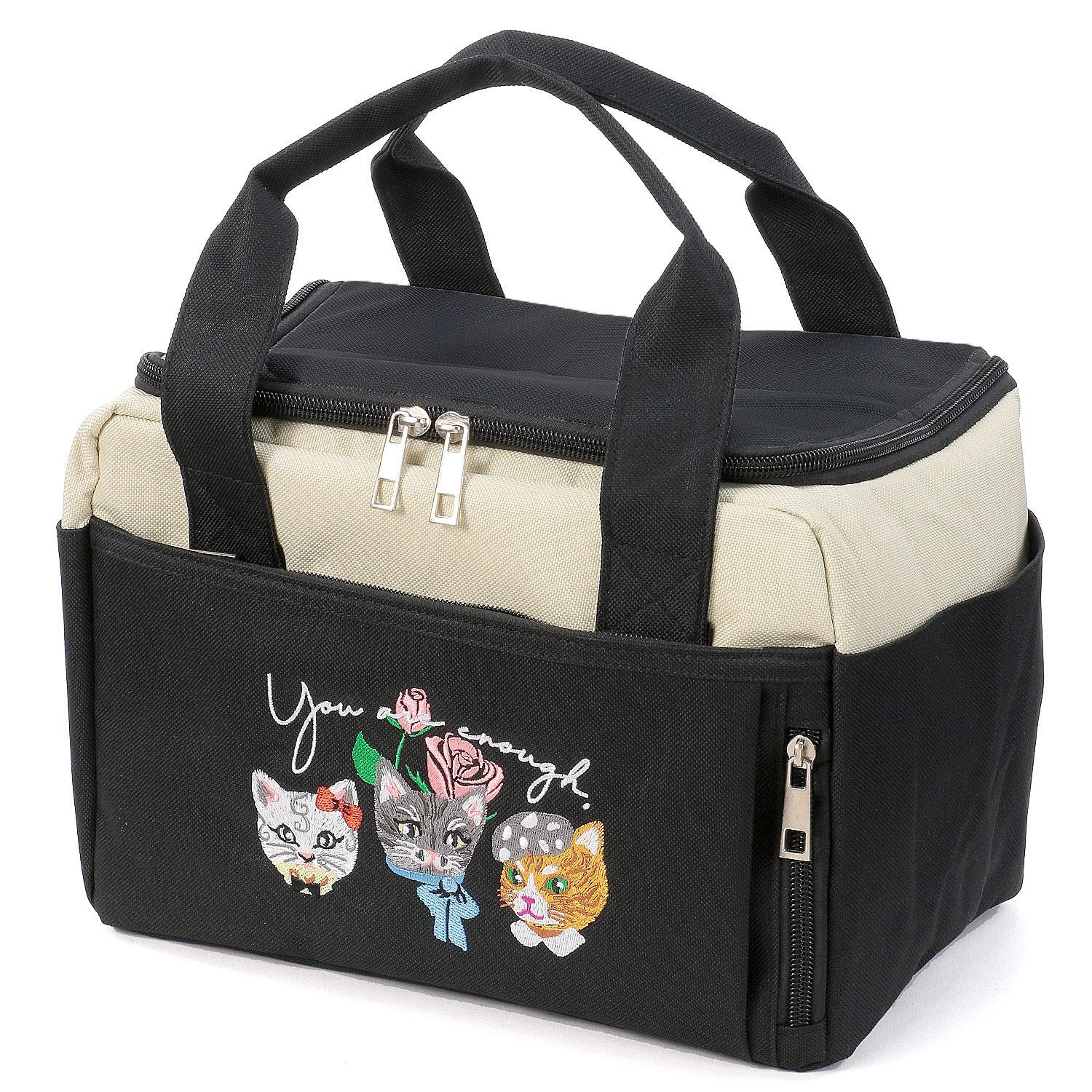 Cat Embroidered Insulated Lunch Bag (Box Style) - Black