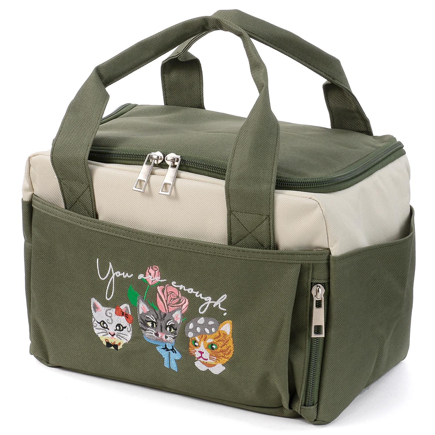 Cat Embroidered Insulated Lunch Bag, Green