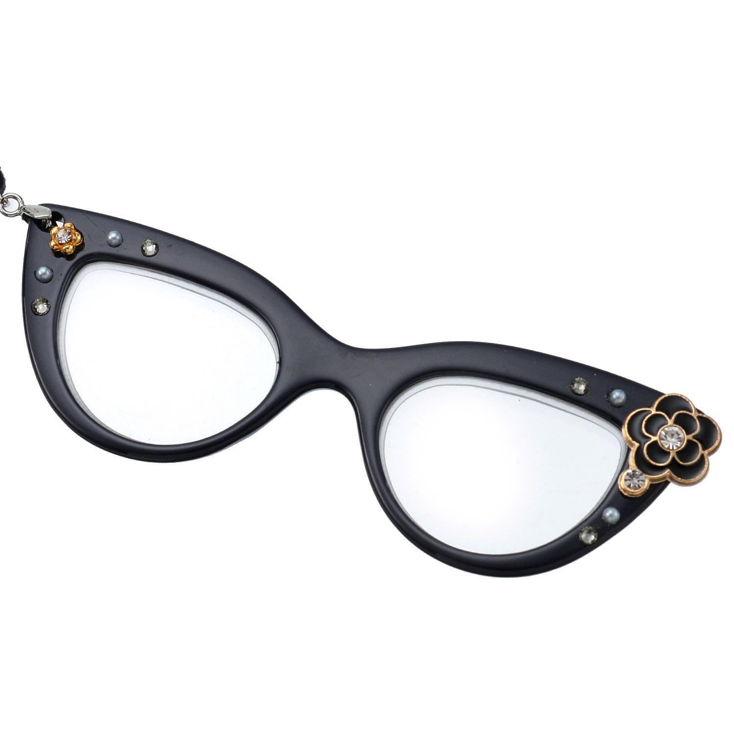 Eyeglass-Style Magnifying Glass Pendant - Black Flower