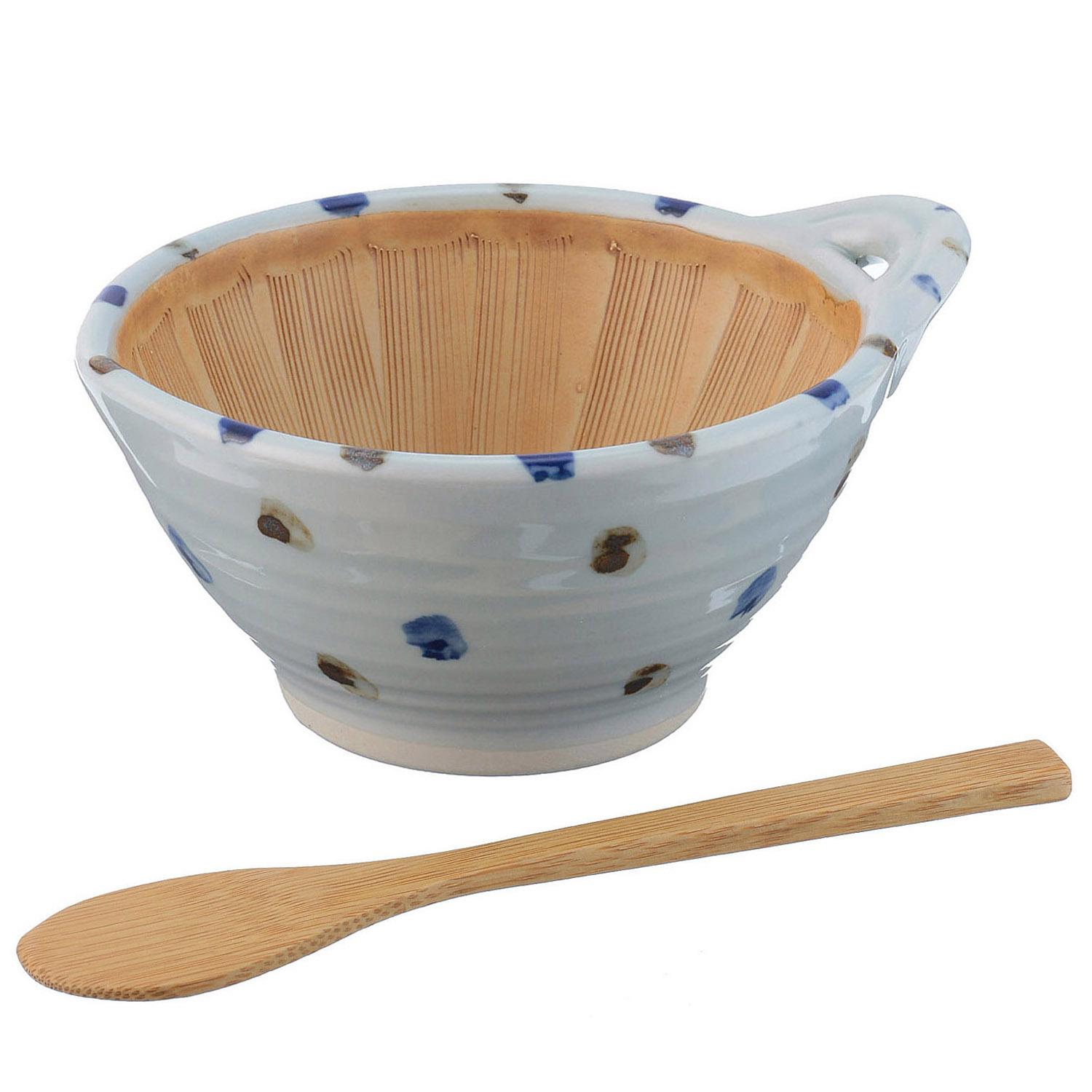 Natto bowl, large, with bamboo spatula, dot pattern