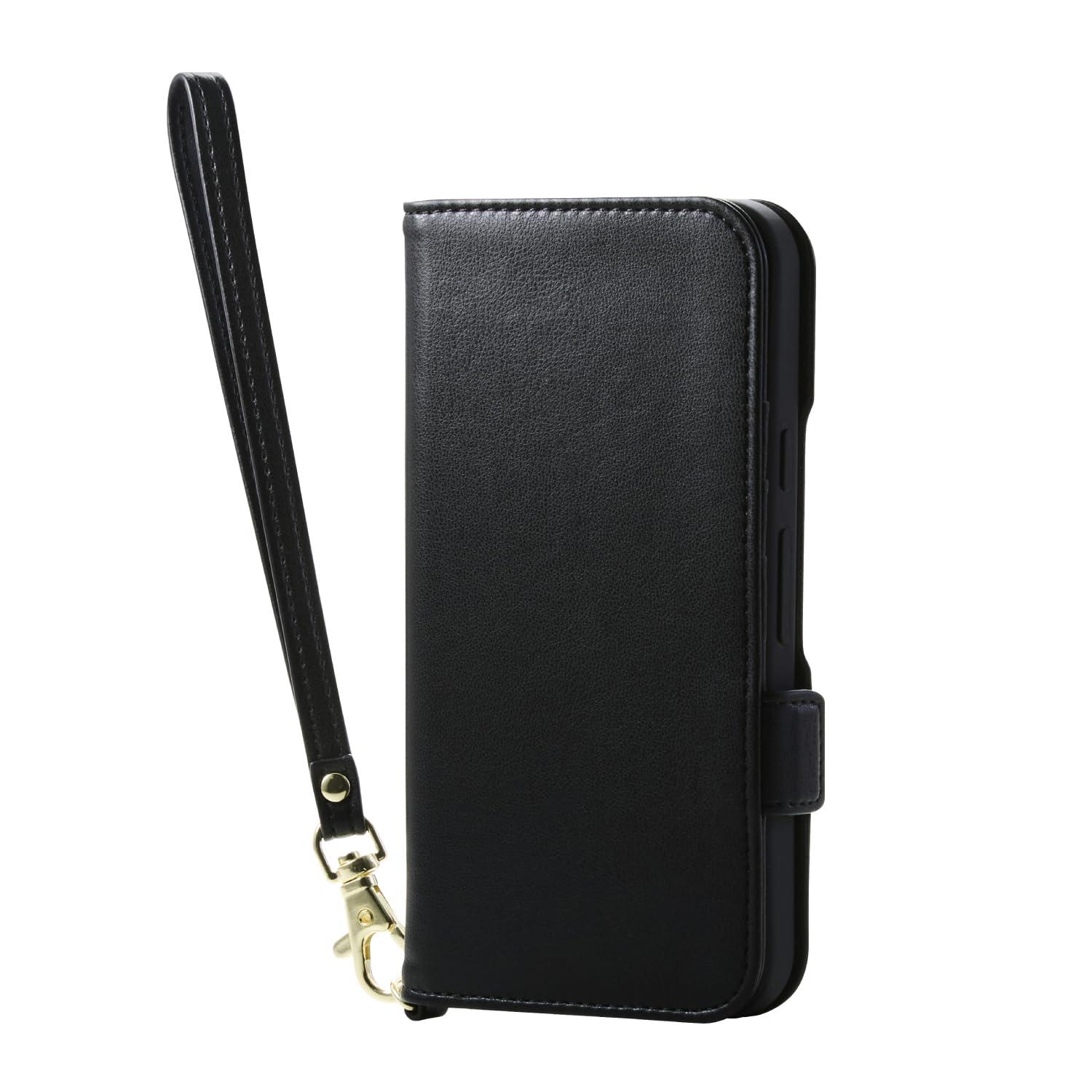 ELECOM Google Pixel 9a Soft Leather Case with Magnet, Shock-Resistant, Hand Strap Included, Black PM-P251PLFY4BK
